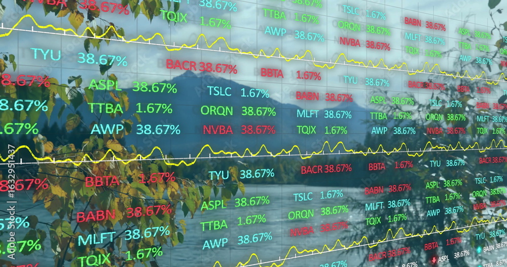 Obraz premium Displaying glass overlay showing data at waterfront, with tickers, line graphs and leafy branch
