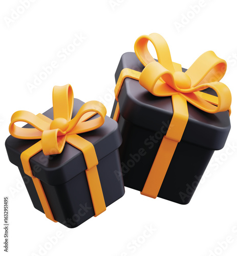 A 3D illustration of two stylish black gift boxes tied with bright orange ribbons, representing a concept of celebration and giving.