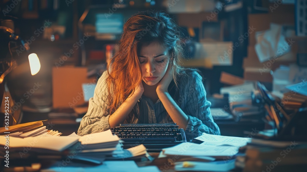 Fototapeta premium Tired writer typing late night, cluttered office, papers scattered, deadline stress