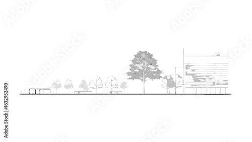 Architectural sketch of building facade with trees and benches in park landscape drawing illustration