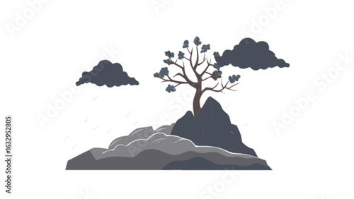 Mountain landscape with tree and clouds vector illustration nature scene outdoor scenic view drawing design