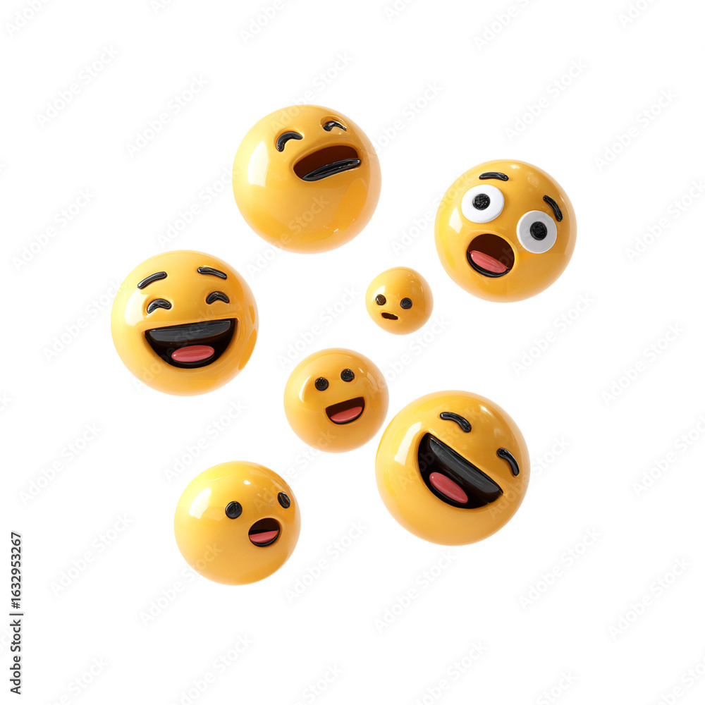 Naklejka premium A collection of yellow emoji faces with various expressions floating on a black background isolated