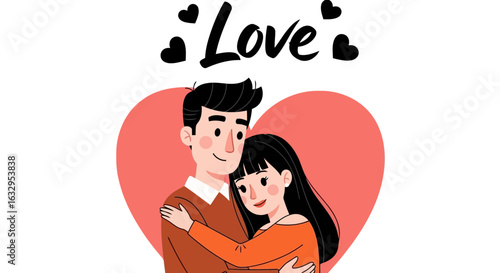 Vector art of a loving couple embracing each other with a large heart behind them, symbolizing romance and affection, isolated on a white background