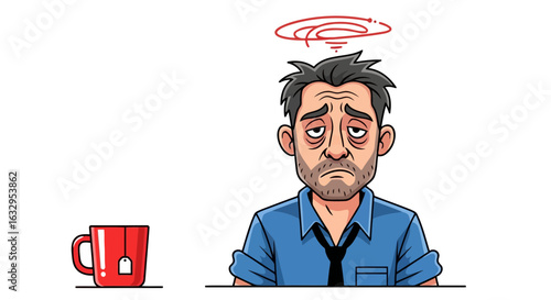 Vector art of tired and exhausted man with dizzy swirls above his head, sitting next to a cup of coffee, isolated on white background