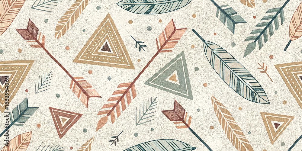 Obraz premium Chic tribal pattern with arrows, feathers, and geometric shapes in earthy tones, perfect for modern design