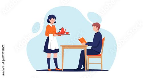 Vector art of a waitress serves a customer at a table in a cafe, the customer is reading a menu