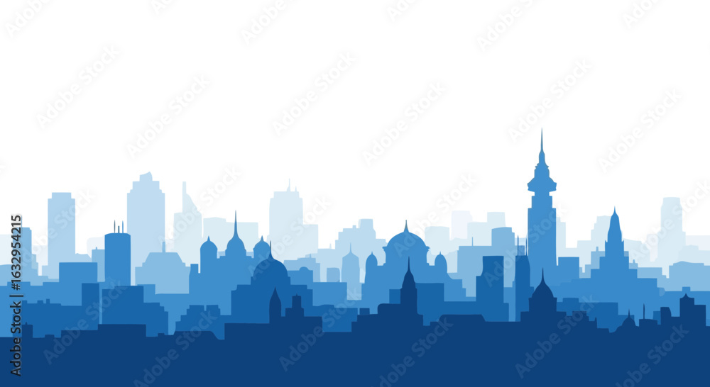 Naklejka premium Vector art of blue silhouette cityscape skyline with a mix of modern and traditional architecture, isolated on white background