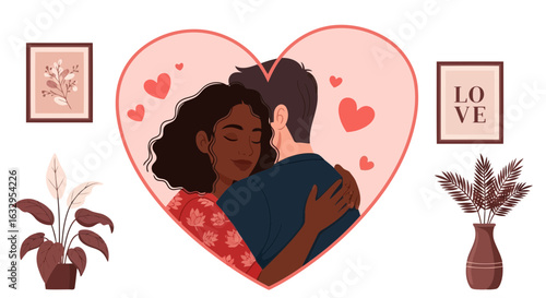 Vector art of a loving couple embracing warmly within a large heart shape, symbolizing deep affection and connection, isolated on a white background