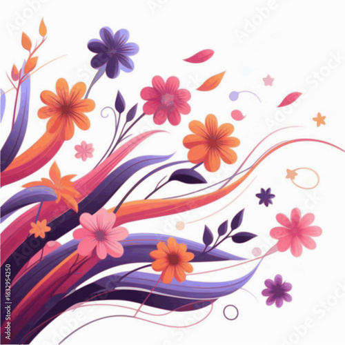 "Animated vector flowers gently swaying in the wind, stylized with vibrant colors like pink, orange, and purple, clean flat design, white background."

