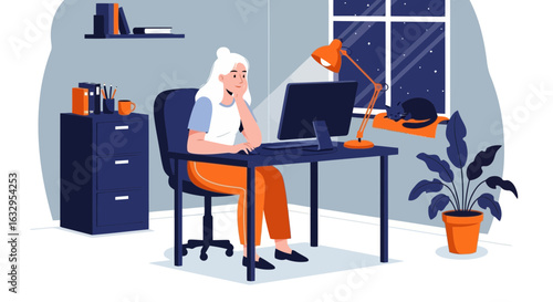 Vector art of tired woman working late at her desk at night, illuminated by a desk lamp, with a cat sleeping nearby and stars visible through the window