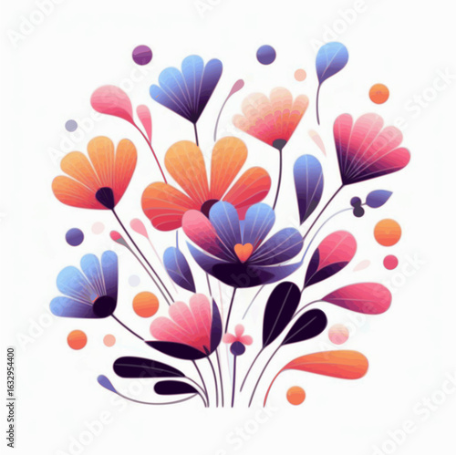"Animated vector flowers gently swaying in the wind, stylized with vibrant colors like pink, orange, and purple, clean flat design, white background."

