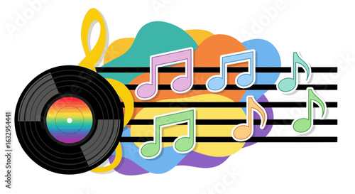 Vector art of colorful abstract illustration of musical notes, a treble clef, and a vinyl record on a musical staff, representing the joy and diversity of music, isolated on white background