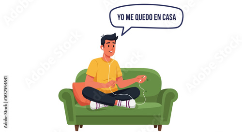 Vector art of young man sitting on a green sofa at home, listening to music on his phone and saying im staying home in spanish, isolated on white background