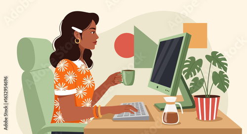 Vector art of young woman working on a computer at a desk, holding a cup of coffee, with a plant in a pot on the side, modern illustration style