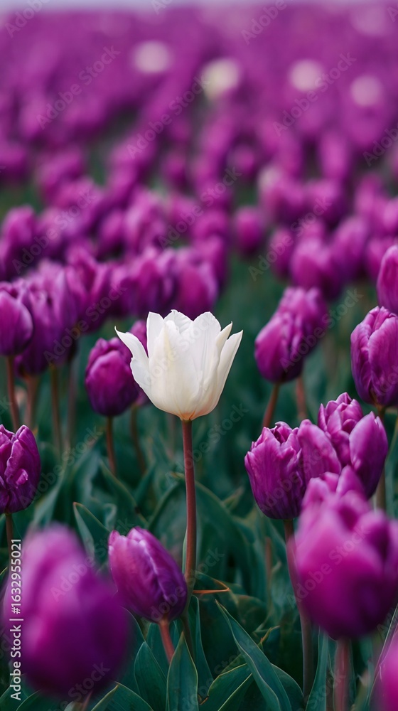 Obraz premium White Tulip Among Purple Tulips