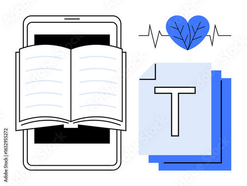 Open book on a tablet, stacked documents, heart-shaped leaf with heartbeat line. Ideal for education, learning, reading apps, eLibrary, eBooks, environment technology simple landing page