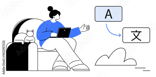 Woman with laptop seated on a couch next to cat, representing multilingual translation. Ideal for education, language learning, global communication, remote work, technology, AI, cultural exchange