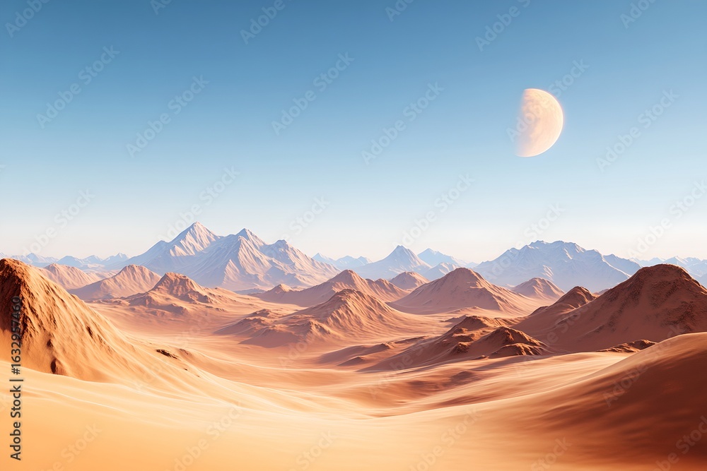 Naklejka premium Breathtaking desert scene with towering mountains and sand dunes bathed in the warm glow of the setting sun and a crescent moon in the clear blue sky