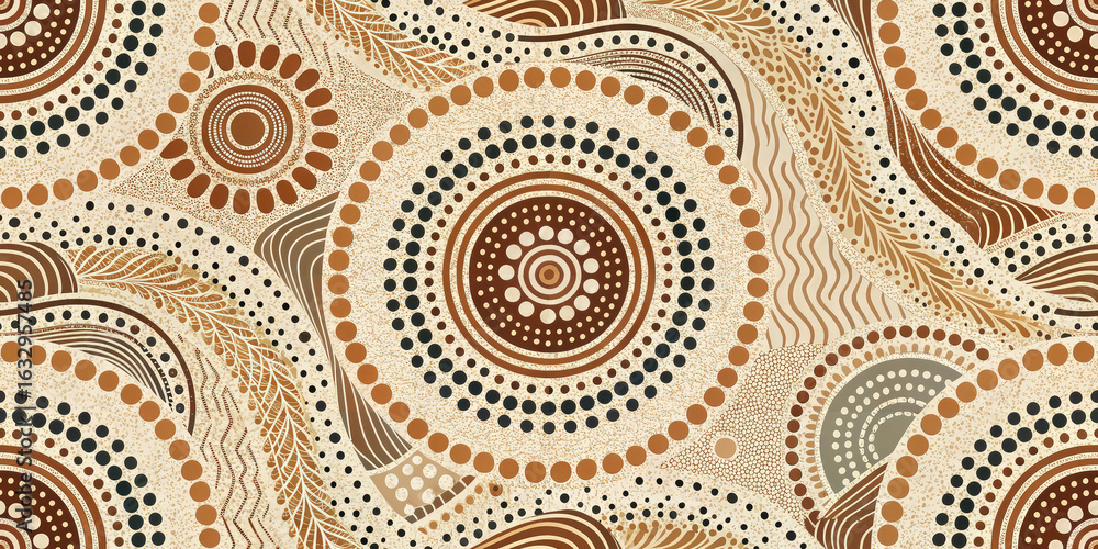 Fototapeta premium Vibrant Indigenous Australian dot art pattern with earthy tones and organic shapes, perfect for cultural projects