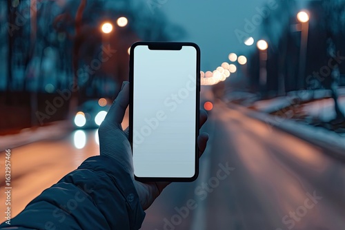 A Persons Hand Holding Smart Phone Showing White Blank Screen Against Blurred Road