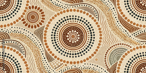 Vibrant Indigenous Australian dot art pattern with earthy tones and organic shapes, perfect for cultural projects