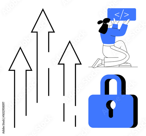 Upward arrows symbolize progress and growth. Female coder interacting with screen. Lock conveys security. Ideal for tech, cybersecurity, growth, career, coding, software simple landing page