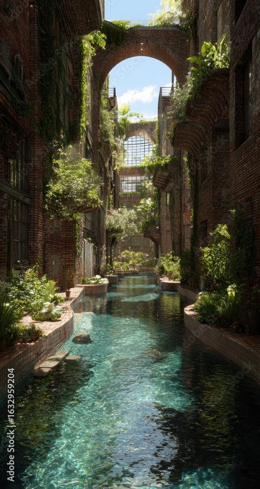 Fototapeta premium Urban Oasis Canal flows through brick ruins, lush greenery, sunny sky