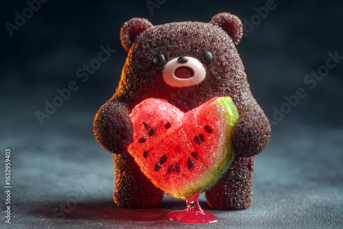 Cute bear-shaped candy holding a watermelon heart dessert in a playful setting