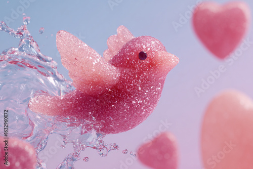 Colorful pink bird figure splashing through water amidst pink hearts in a whimsical display during a bright daytime setting