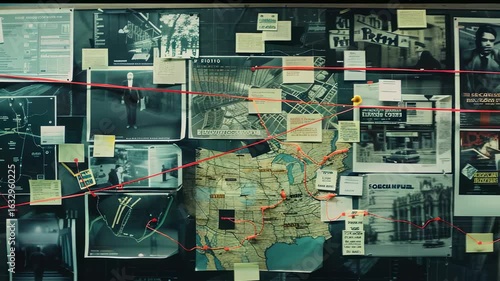 Wallpaper Mural Detective investigation board is cluttered with black, white photos, maps, notes. Red string connects different elements, suggesting relationships between events, locations, suspects. Torontodigital.ca