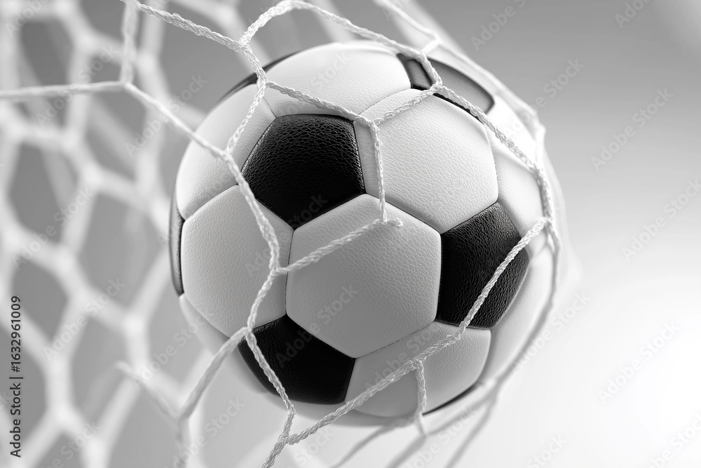 Naklejka premium 3d, classic black and white soccer ball has just hit the back of a white net, symbolizing a major achievement, success, scoring the winning goal.