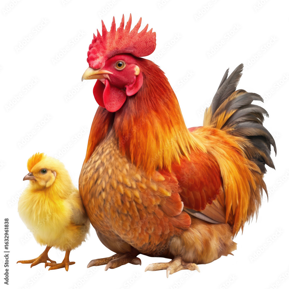 Fototapeta premium Majestic rooster and fluffy chick together isolated on transparent background