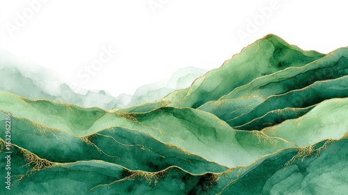Abstract watercolor landscape of rolling green hills and mountains, accented with gold leaf detailing, set against a white background