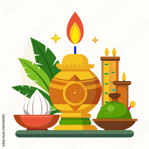 Minimal Ganesh Chaturthi Altar Setup with Kalash, Coconut, Diya and Leaves