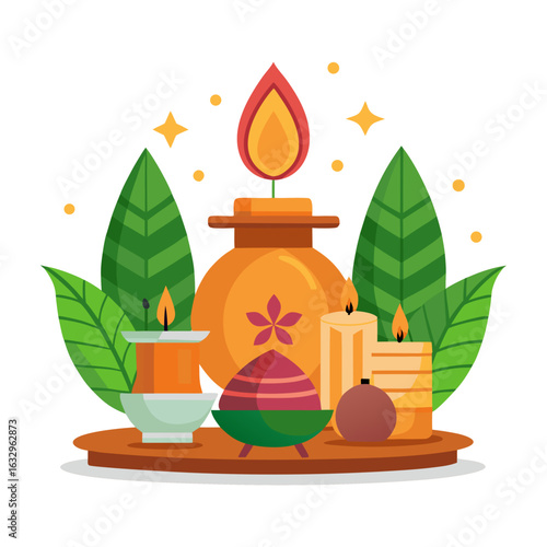 Minimal Ganesh Chaturthi Altar Setup with Kalash, Coconut, Diya and Leaves