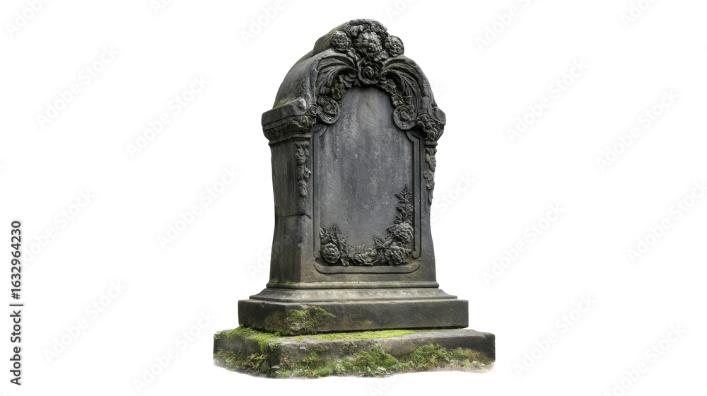 Obraz premium Old stone tombstone monument with ornate carvings and moss on a transparent background PNG image