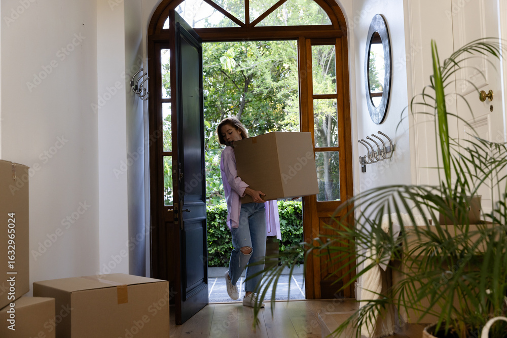 Obraz premium Cardboard boxes are sitting at foyer under arched wooden front door, sunlight filtering