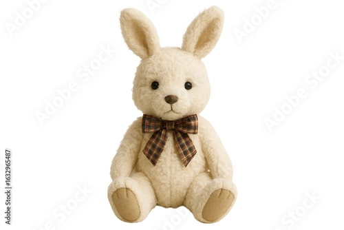 Realistic Plush Bunny with Plaid Ribbon Sitting on White Background

