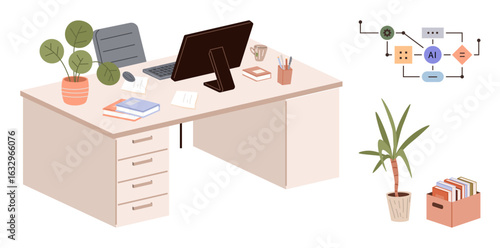 Organized desk with computer monitor, laptop, books, stationery, potted plants, and AI process diagram. Ideal for productivity, technology, AI innovation organization creativity modern workspace
