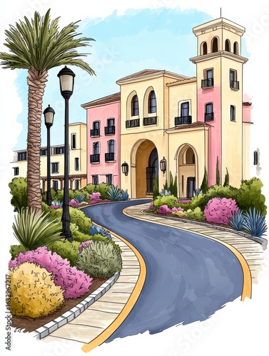 Watercolor Painting of Mediterranean Style Building with Palm Trees and Landscaped Gardens