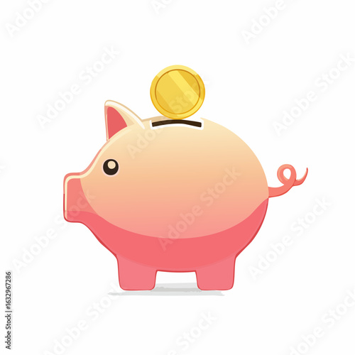 Cartoon illustration of a pink piggy bank with a gold coin being inserted into the slot.
