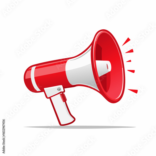 A vibrant red and white megaphone, angled for announcement, with sound waves emanating from its horn.