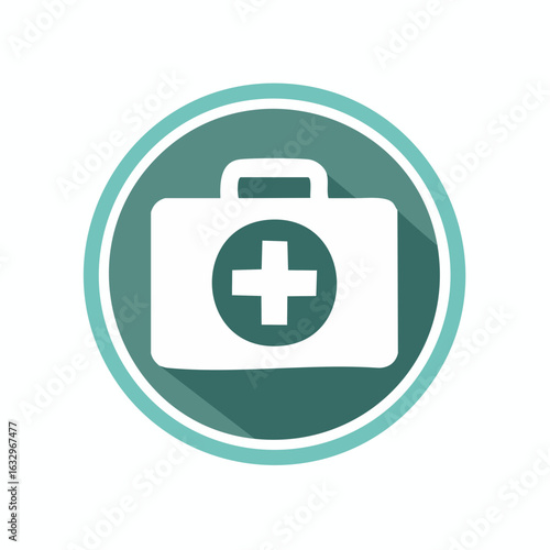 A white medical kit icon with a plus sign inside a teal circle, casting a shadow.