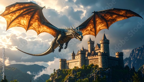 Dragon soars over majestic castle
