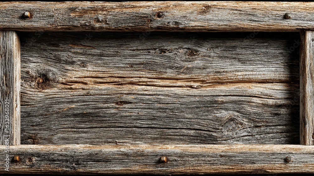 Fototapeta premium Rustic wooden frame showcases weathered, horizontal gray plank