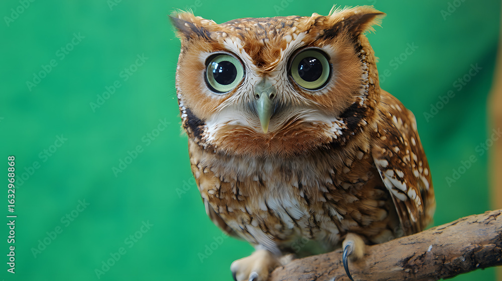 Obraz premium owl with wide eyes perched on branch on green screen