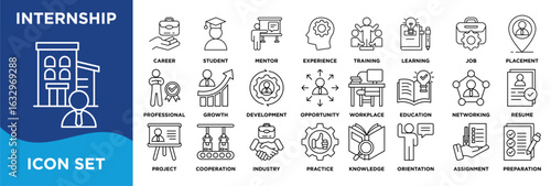 internship icon collection set. Containing training,experience,career,student,skills,mentor,learning,job,exposure,placement icon. Simple line vector.