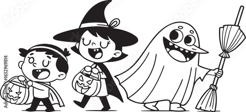 Three cartoon children in Halloween costumes trick or treating with pumpkins kids