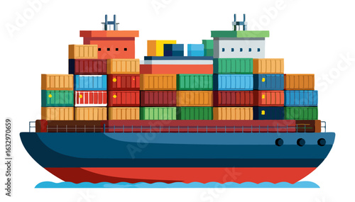 A colorful cartoon illustration of a large container ship loaded with stacks of cargo containers in various colors, sailing on the ocean.
