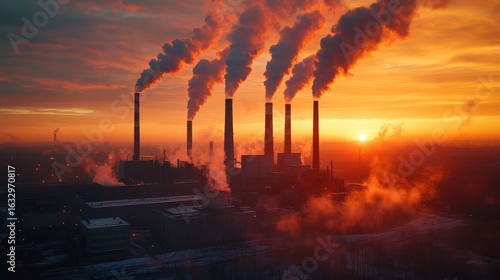 Industrial sunset: a coal power plant emitting smoke during twilight hour